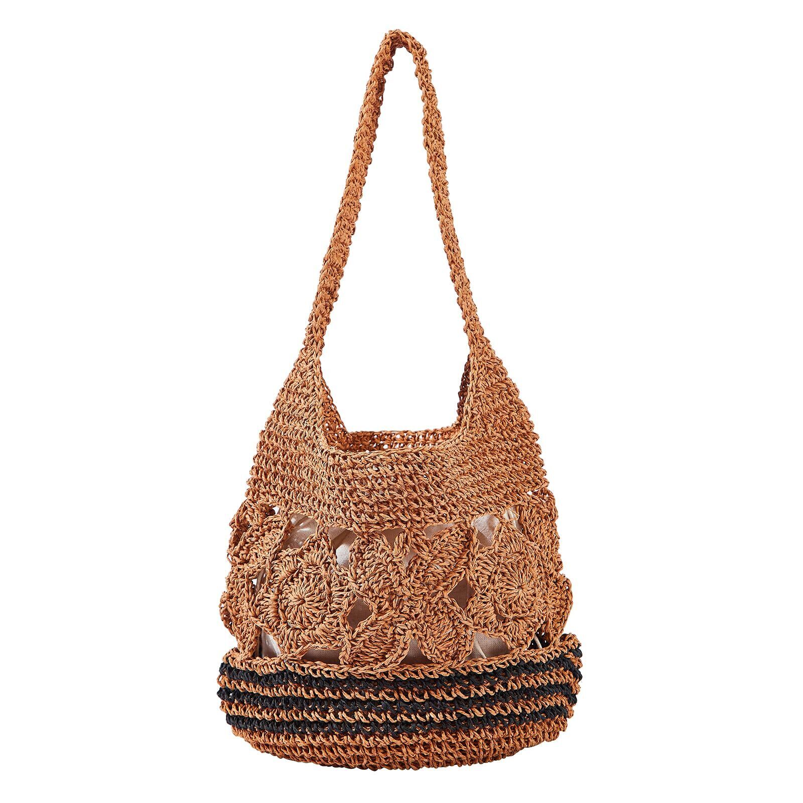 4337 Straw Shoulder Bag Hollow Flower Crochet Bucket Bag Summer Vacation